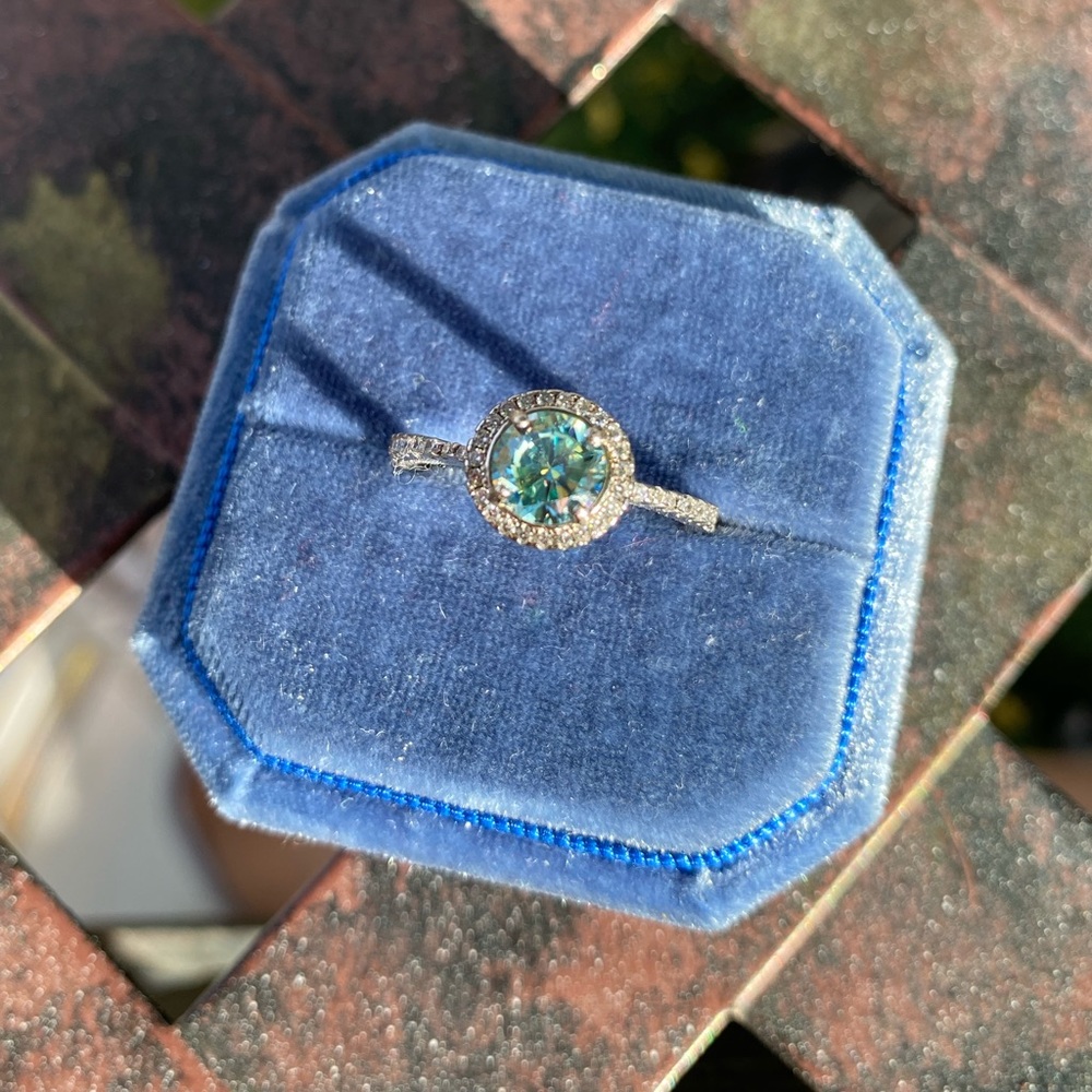 Blue / Green Moissanite diamond engagement halo ring